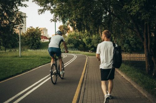 A cyclist and a walker enjoy a peaceful park trail surrounded by greenery.